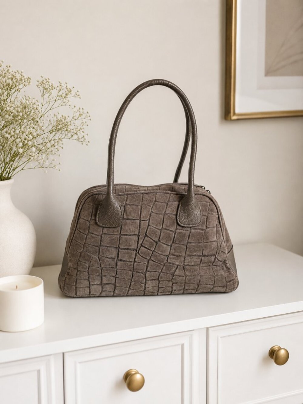 Taupe Italian Leather & Croc-Embossed Suede Shoulder Bag – Large Dome Handbag